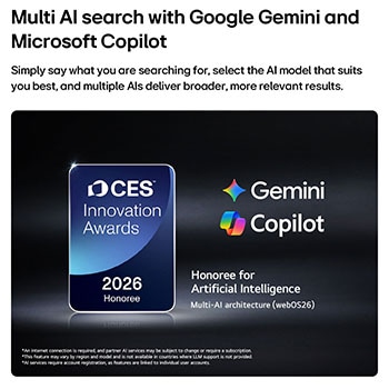 The 2026 CES Innovation Awards Honoree badge in the Artificial Intelligence category recognizes Multi-AI search with Google Gemini and Microsoft Copilot.